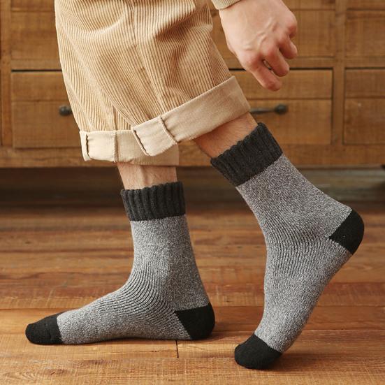 Men Thickened Wool Socks Color-Block Winter Ribbed Terry Socks Breathable Warm Casual Crew Socks for Daily Errands Workout Outdoor Sports