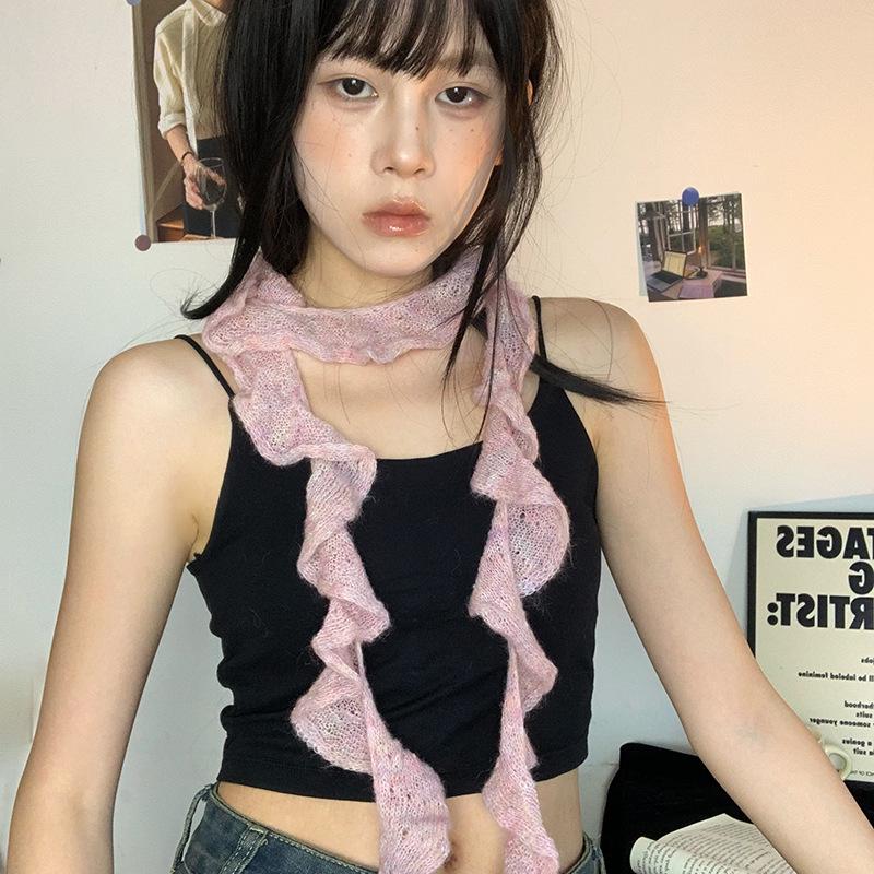 Candy Color Ruffle Knit Scarf - Y2K Mohair Photo Prop 175cm+ розовый