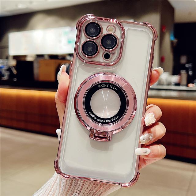 For iPhone 15 Pro Max Luxury Plating Frame Magsafe Magnetic Stand Phone Case For iPhone 11 12 13 14 16Plus Lens Protective Cover