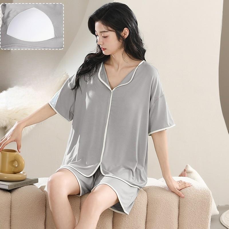Womens Summer Sleep Suit With Round Neck Short Sleeve Top And Shorts For Relaxed Lounge Wear