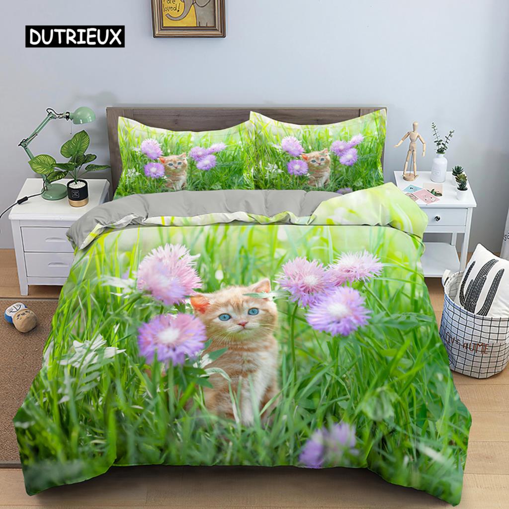 Cat Flowers King Queen Duvet Cover 3D Pet Kitty Floral Bedding Set Teens Adult Yellow Chrysanthemum 2/3pcs Polyester Quilt Cover