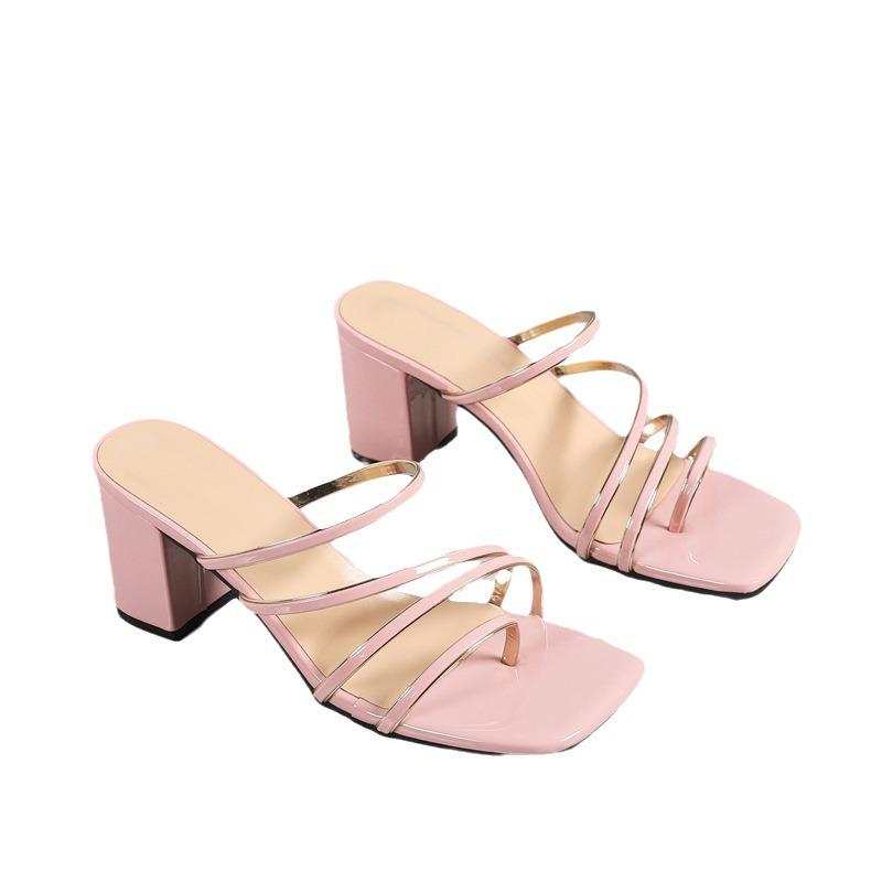 Fashion Ladies Narrow Band Slingback Sandals High Heels Clip Toe Shoes Woman Summer Flipflops Beach Slides Femmes Block Heeled Slippers