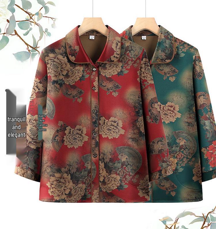 Grandma Style Spring/Summer 2025 Imitation Silk Cardigan for Middle-aged and Elderly Women