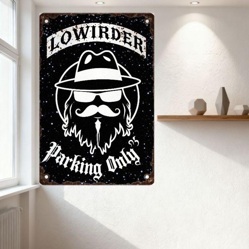 Vintage Rustic Metal Tin Sign Lowrider Man Fedora Hat Mustache Beard Parking Only Sign Decor for Bar Club Home Man Cave