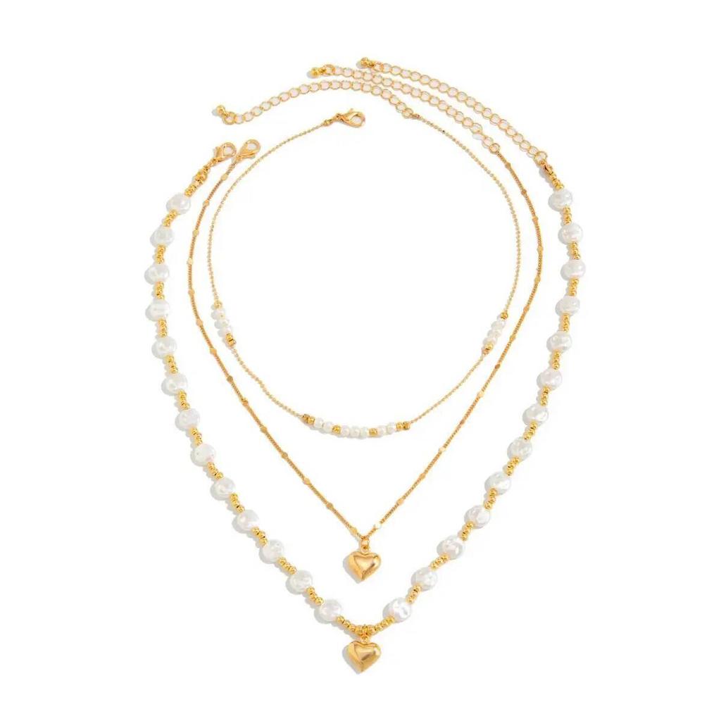 Ingemark Exquisite Imitation Pearl Love Heart Pendant Necklace Women Multilayer New Elegant Metal Clavicle Chain Boho Jewelry