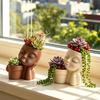 Creative Eyelash Doll Succulents Planter, Cute Sleeping Face Ceramic Pot with Double Holes, Kawaii Desktop Decor for Office Desk,