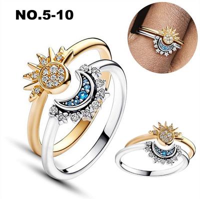 2pc Silver Moon Shining Gold Sun Ring Inlaid Rhinestone Match Daily Outfits Perfect Gift Two-piece Ring for Your Lover / Best Friend / Family