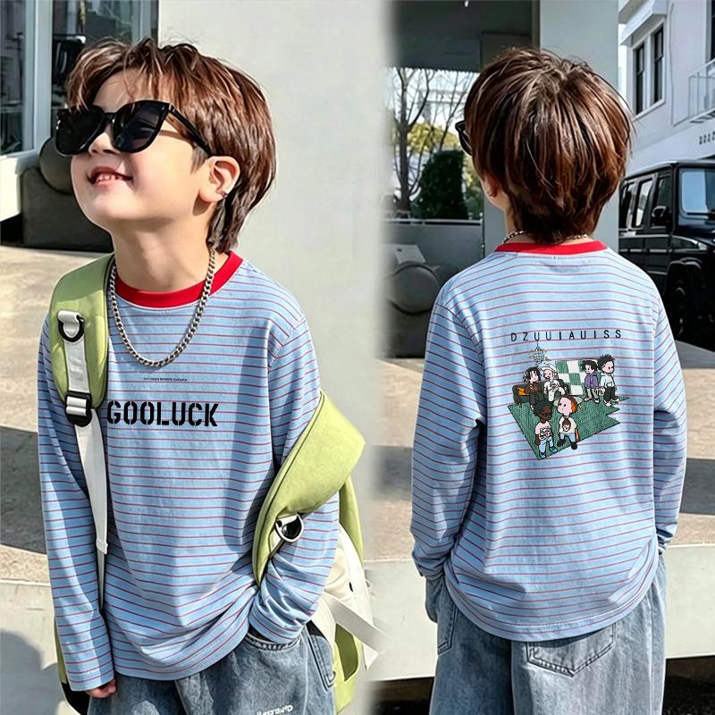 Korean Style Boys' Striped Long-Sleeve T-Shirt - 2026 Spring/Autumn New Arrival for Medium/Large Kids Casual Trendy Top