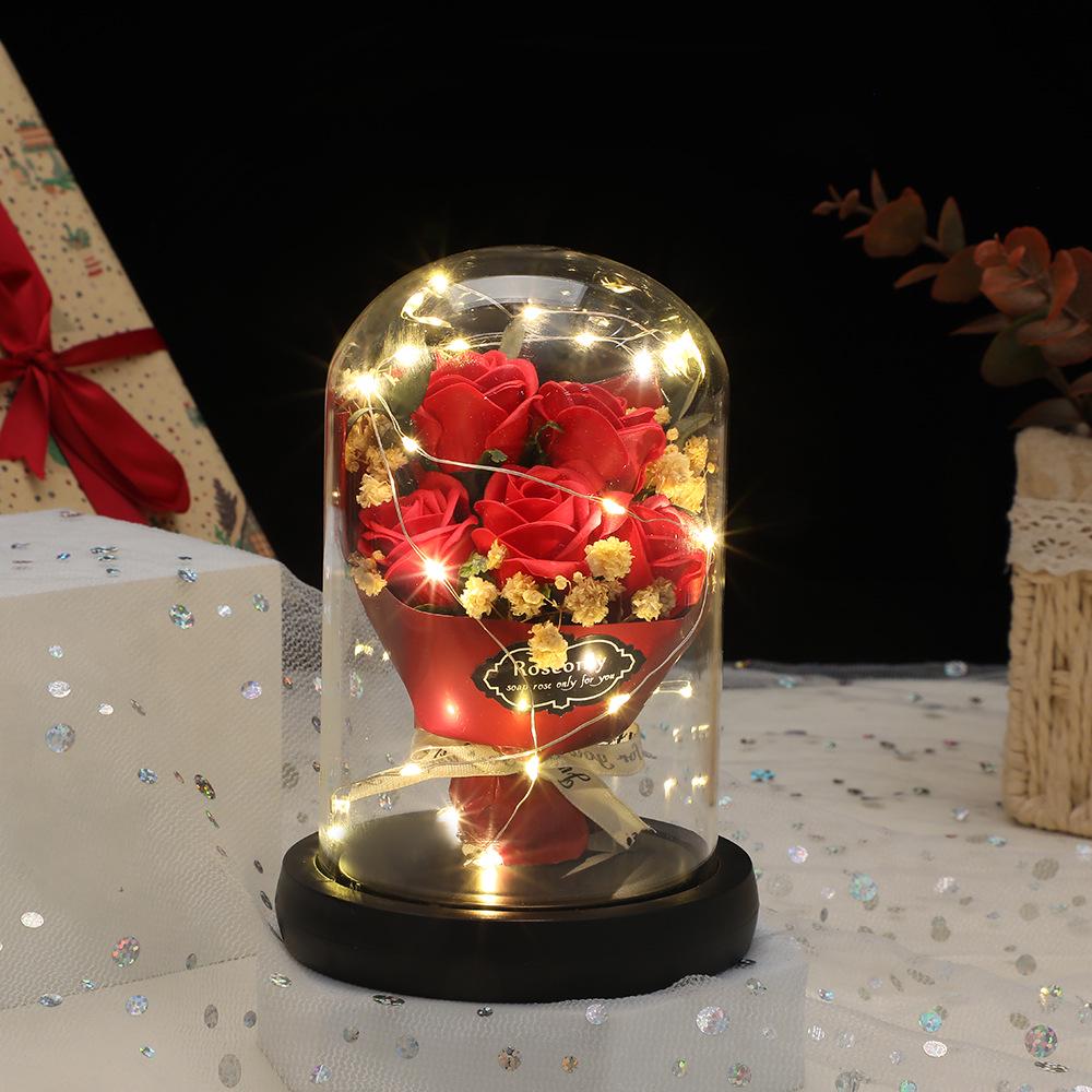 Valentine’s Day Gift: Preserved Rose Night Light Ornament with Artificial Soap Flower, Glass-Covered Souvenir.
