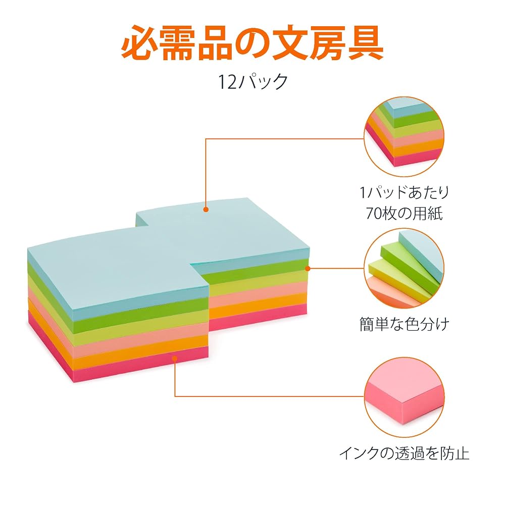 Sticky Notes Square Strong Adhesive 75×75mm 70 Sheets Pads (Total 840 Sheets) Assorted Colors