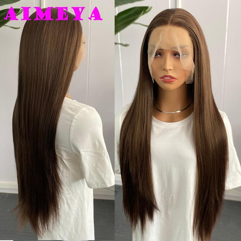 AIMEYA Mix Brown Lace Front Wig Long Silky Straight Synthetic Lace Hair Heat Resistant Natural Hairline Daily Use Cosplay Wigs