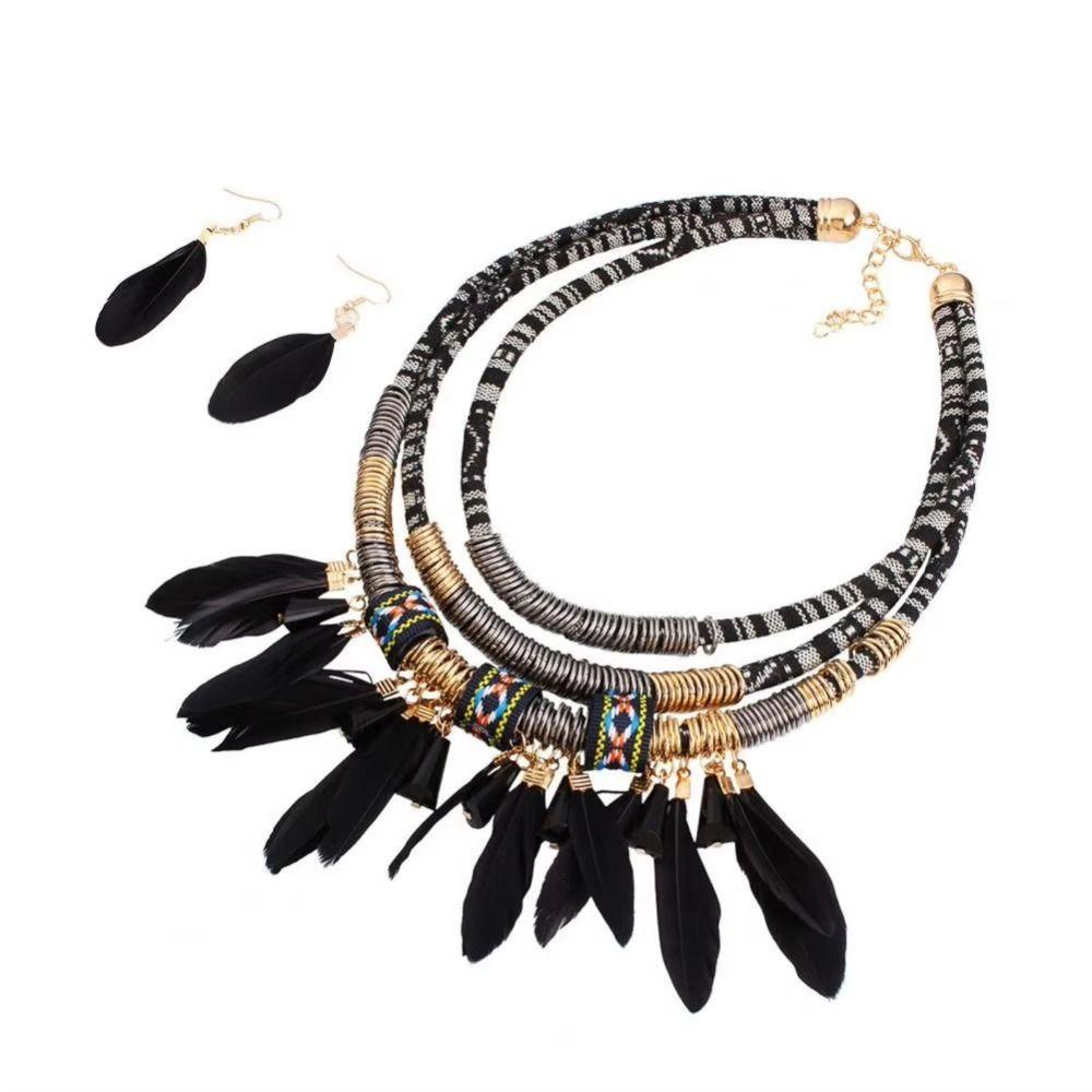 Fashion Feather Tassel Necklace Multilayer Necklace Earrings Set Ethnic Jewelry Set  Women Jewelry