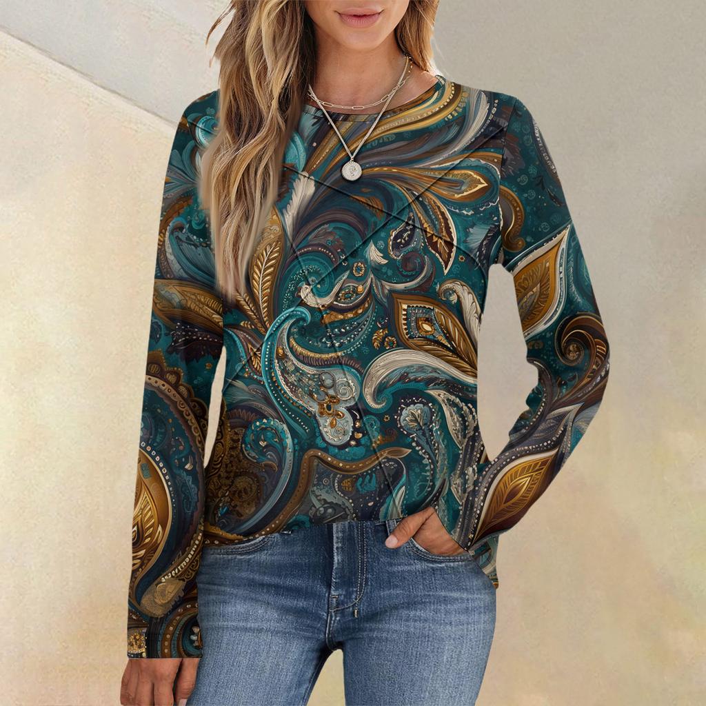 Fashion Women's Long Sleeve Round Neck Casual  Pleated Retro Floral Loose Top