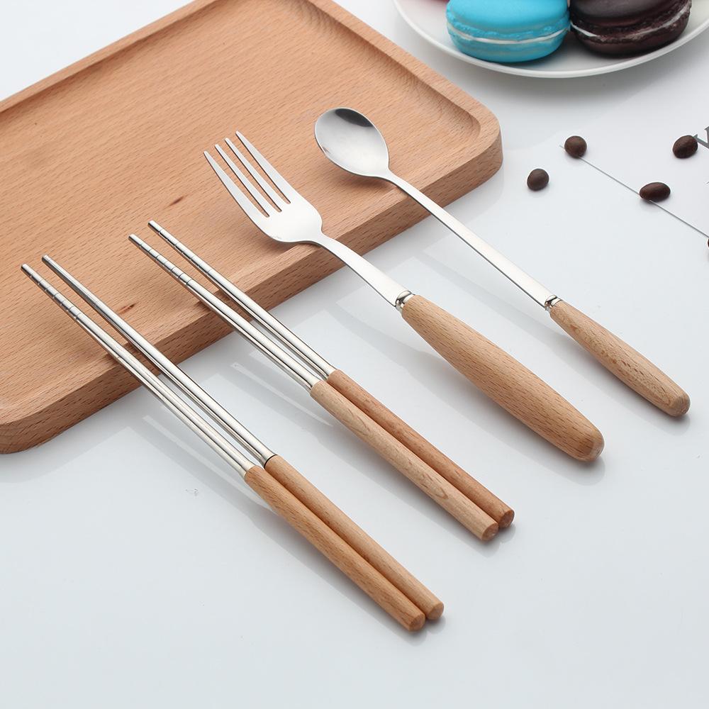 Beech Wood Handle Stainless Steel Western Tableware Steak Dessert Coffee Cooking Knife Fork Spoon Dinning Room Creative