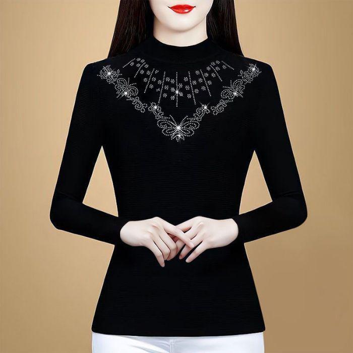 2024 Autumn/Winter Fleece-Lined Slimming Plus Size Long Sleeve Semi-High Neck Blouse