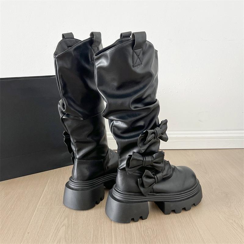 Fashion Vintage Height Increase Women Knee High Boots Fashion Butterfly-knot Ladies Thick Heel Long Knight Booties Autumn Winter