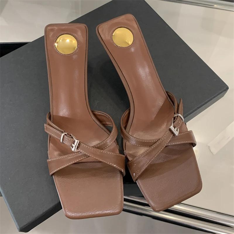 Eilyken Summer Narrow Band Low Heels Slippers Women Dress Buckle Strap Square Toe Party Beach Slide Shoes