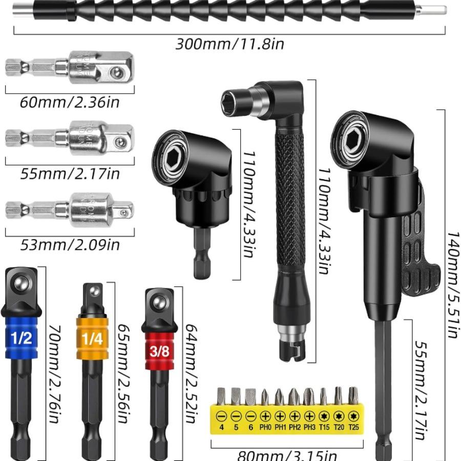105-Degree Bit Angle Adapter Set - 360° Swivel Extension Rods with Colored Ball Bearings for Screwdrivers