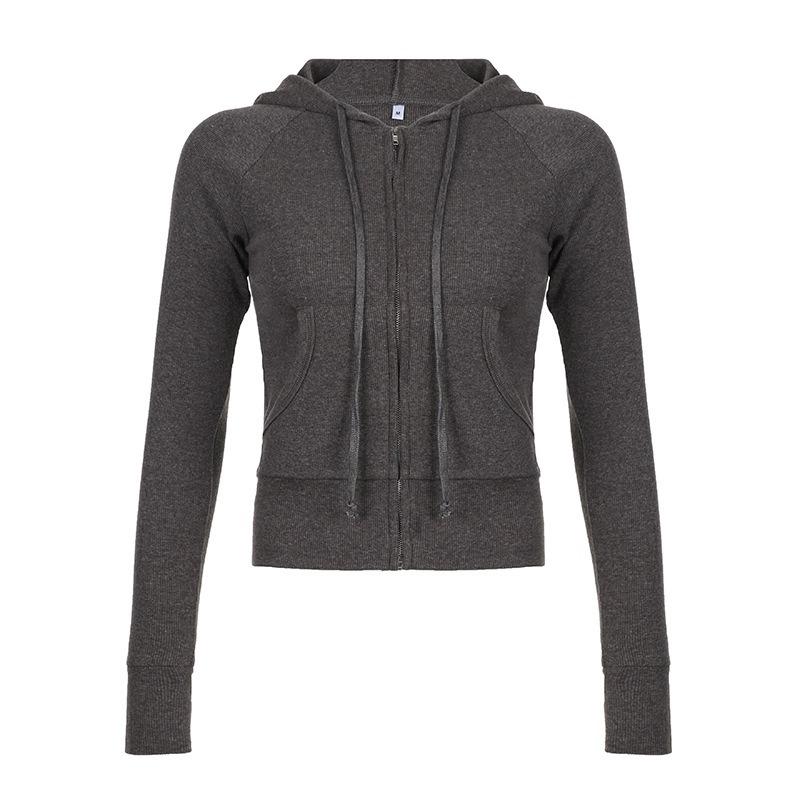 Gray Street Style Zip Up Hooded Sweatshirt Slim Fit Women S Casual Top