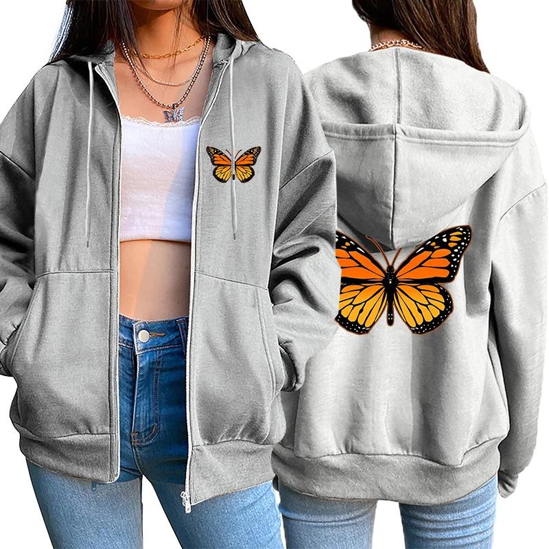 Butterfly Printed Hoodies for Women 2025 Hot Sale Hooded Longsleeve Jackets Autumn Home Outdoor Casual Fashion Ziiper Coats