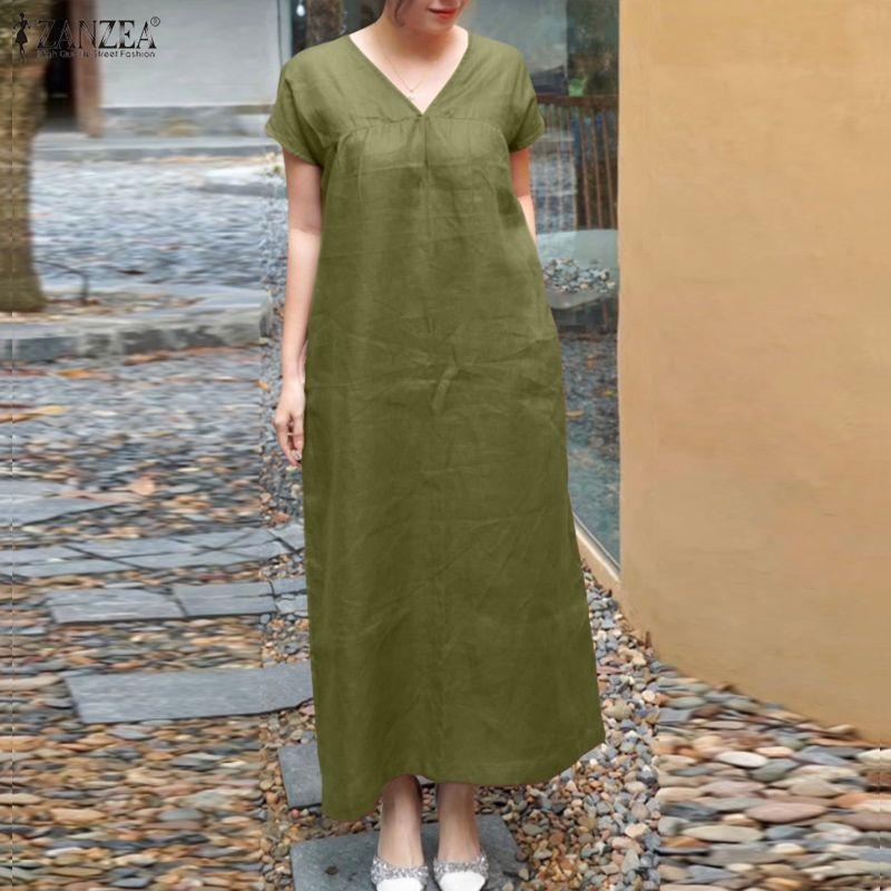 ZANZEA Women Casual V-Neck Solid Color Short Sleeve Long Dress
