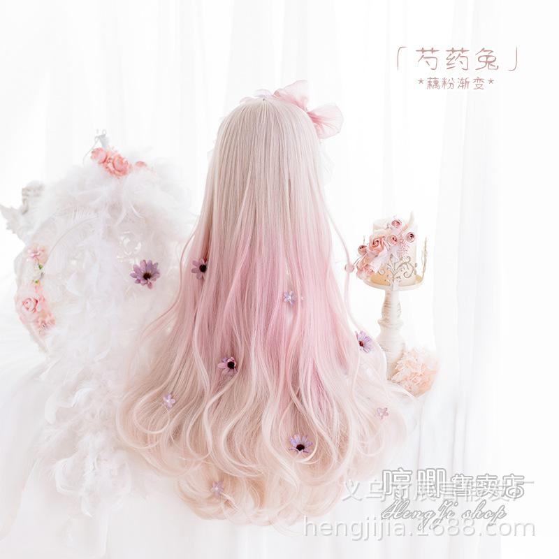 Pink Gradient Long Curly Wig for Women,Lolita Peony Rabbit Cosplay Wig,Soft Pastel Ombre Long Hair Wig,Full Cap Heat Resistant Synthetic Wig for Daily