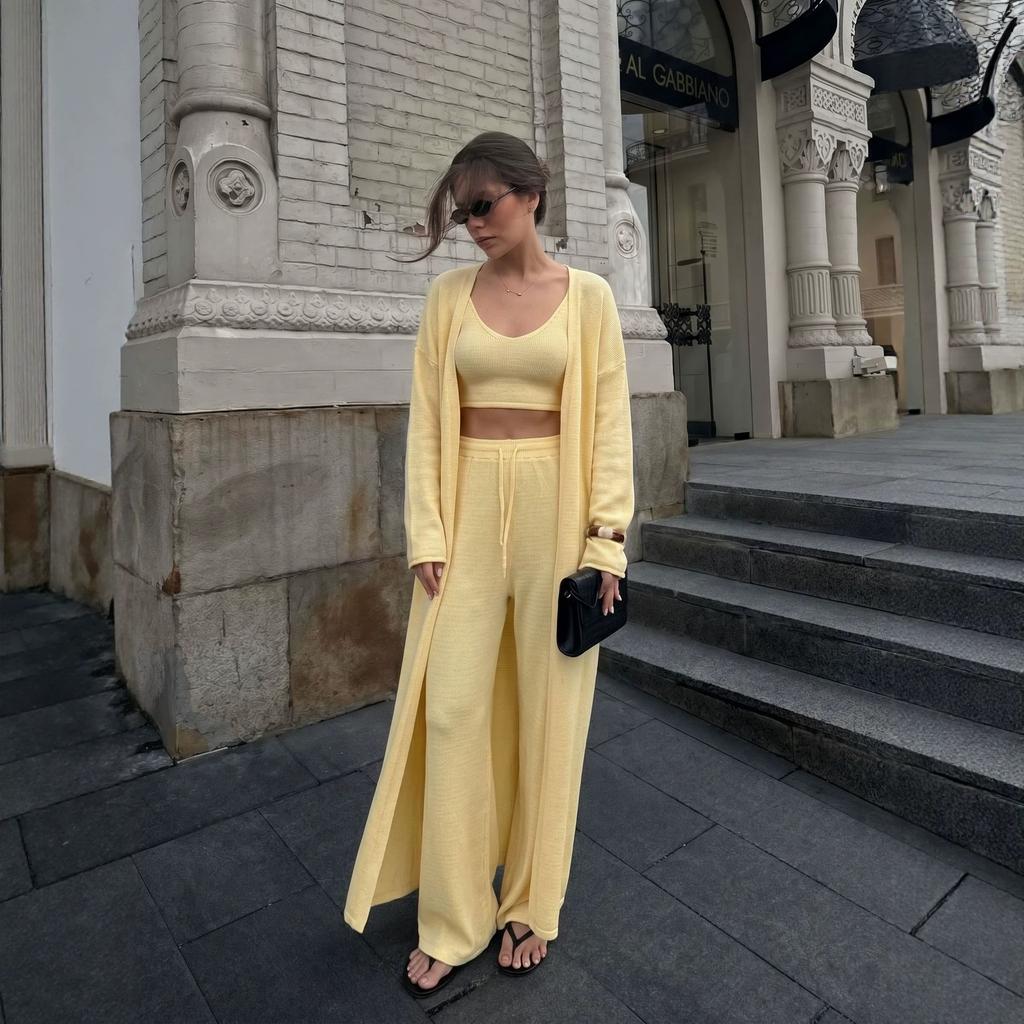 European and American style hot-selling new pure cotton sweater set: women's tank top + pants + long coat three-piece set