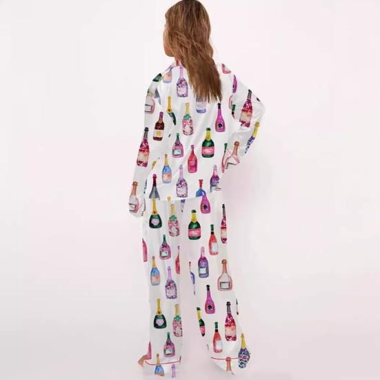 Women's Champagne Bottle Pajamas Set Long Sleeve Button Down Shirt And Pants Sleepwear Set Casual Wine Glasses Print 2 Piece Homewear Set