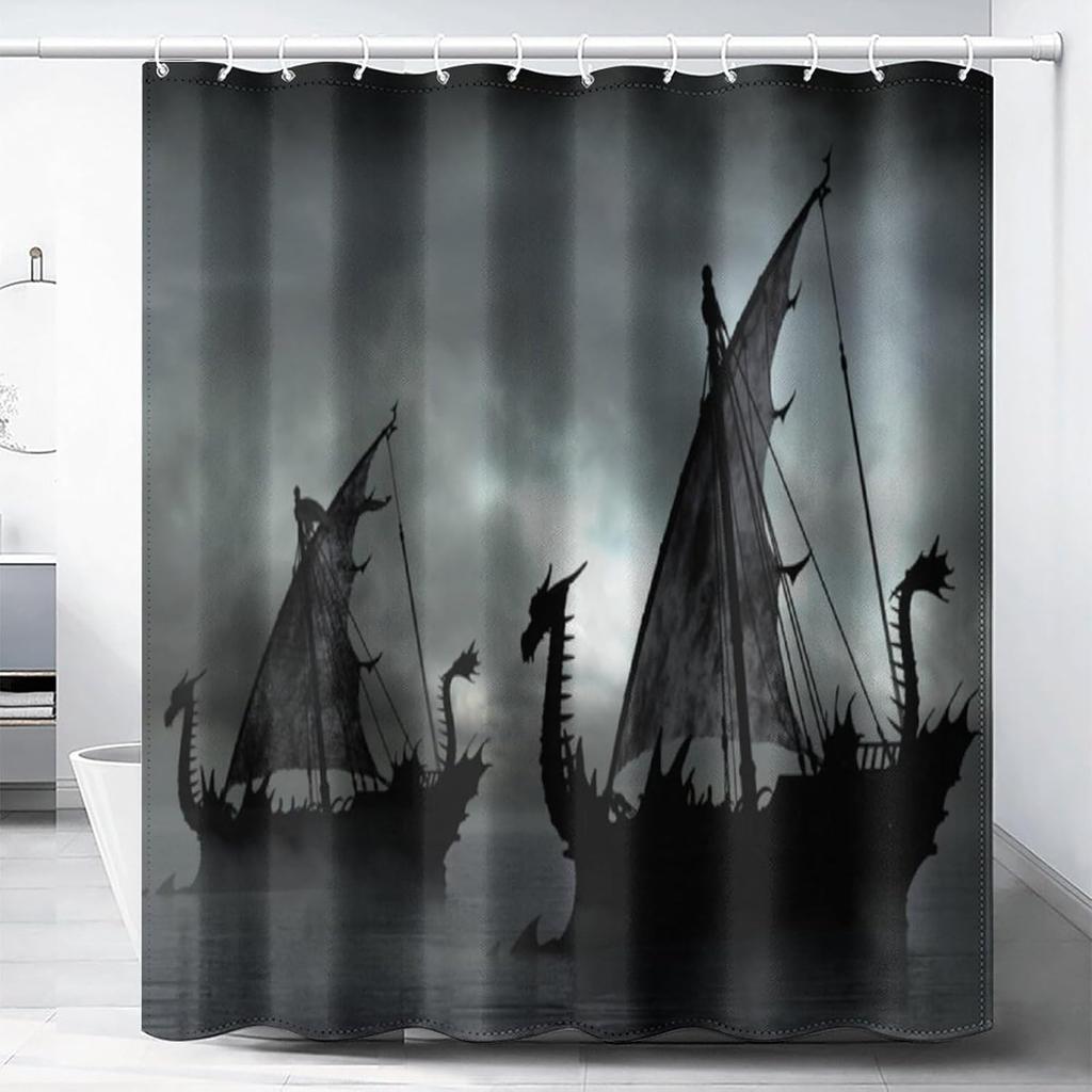 Wikinger Schiff Duschvorhang Fantasy Wikinger Kriegsschiff Drachenschiff Retro See Piratenboot Druck Badezimmer Dekor Haken