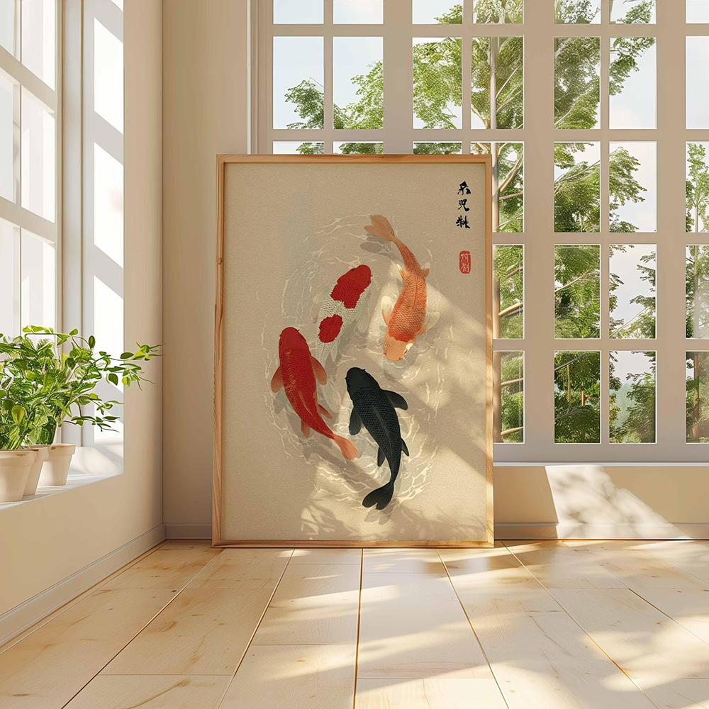 Japanese Koi Fish Poster Minimalist Asian Wall Art Zen Water Painting Japandi Decor Tranquil Pond Print Modern Oriental Murals