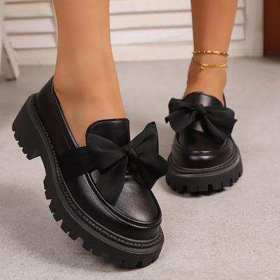 Women's Shoes 2026 New Large British Style Small Leather Flat Bottom Women's Shoes Black Bow Loafers