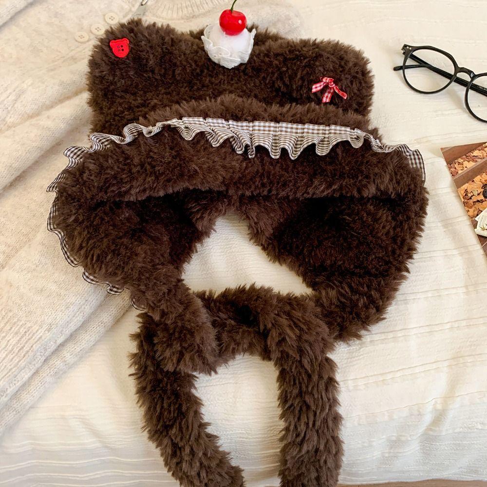 Warm Thick Plush Knitted Hat Cherry Bow Pullover Hat Cute Beanies Hat Winter Outdoor