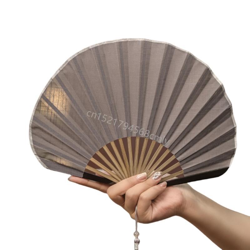 Solid Color Shell Fan Natural Fiber Fabric Foldable Breathable Handheld Retro Cooling Fan 6XDE