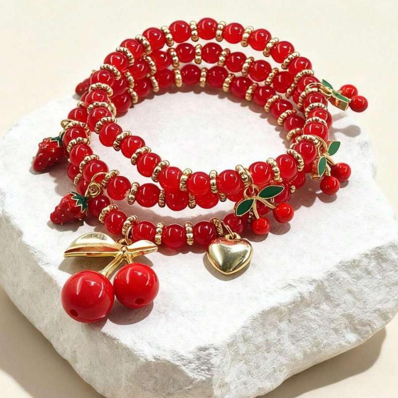 

Набор из 4 универсальных браслетов с красными бусинами из АБС-пластика и масляными подвесками в виде капли вишни, подходящий для повседневной и отпускной женской одежды one-size