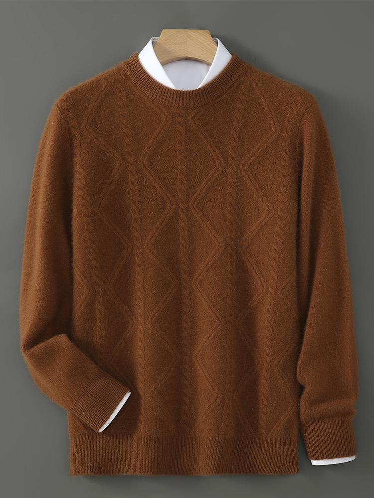 Men's Diamond Cable Knit Wool Sweater - Thick, Loose, Versatile Cashmere Layer