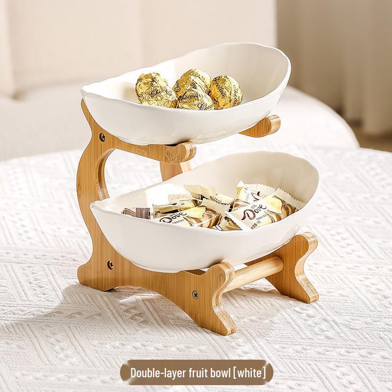 Bamboo & Wood Multi-layer Fruit Bowl and Pastry Plate - Creative Double-layer Ceramic Snack Holder for Home.