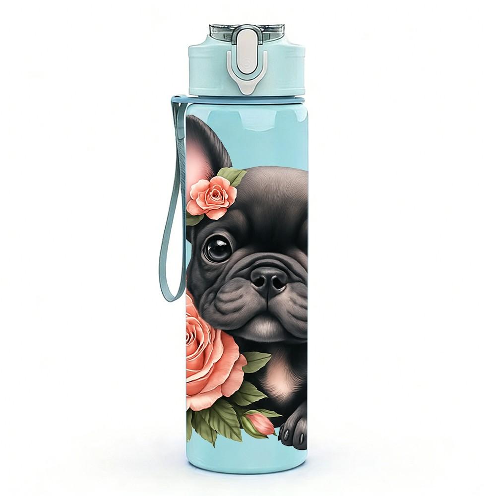 1PC French Bulldog Rose Flower Print 750ml Color Plastic Sports Water Bottle Leakproof Flip Straw Lid Suitable for Sports Office Home Use