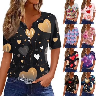 T-shirt pour femme T-shirt Imprimé Saint-Valentin Bouton Manches Courtes Tunique Mode Quotidienne Week-end Basique Col en V Coupe Régulière