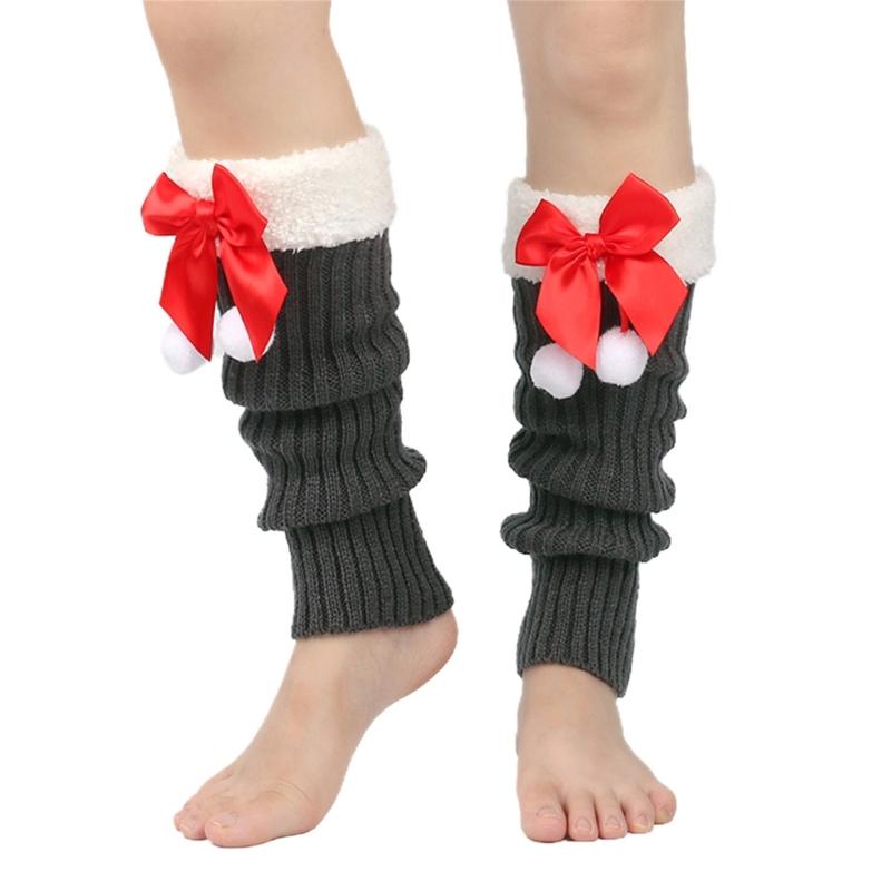 Christmas Fleece Trim Warm Leg Warmers Sweet Plush Balls Bows Knitted Boot Covers Festival Footless Socks for Women