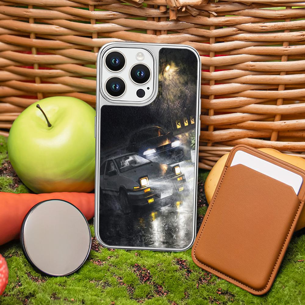 Racing Initial D Anime Sports Car Phone Case for iPhone 16 15 14 13 12 11 Pro Max Sheepskin Silver-edged Protective Case