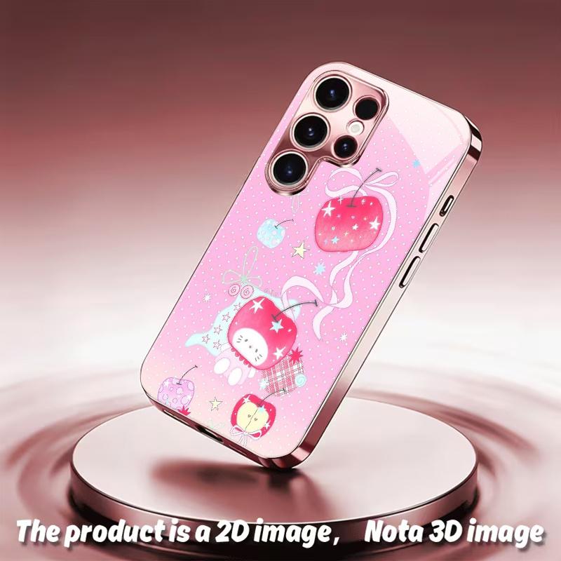 2DFlat Samsung electroplated tempered glass phone case,Cute Apple Design with Stars and RibbonsSuitable for Galaxy S26 S23 S24FE S25ULTRA S22 S21