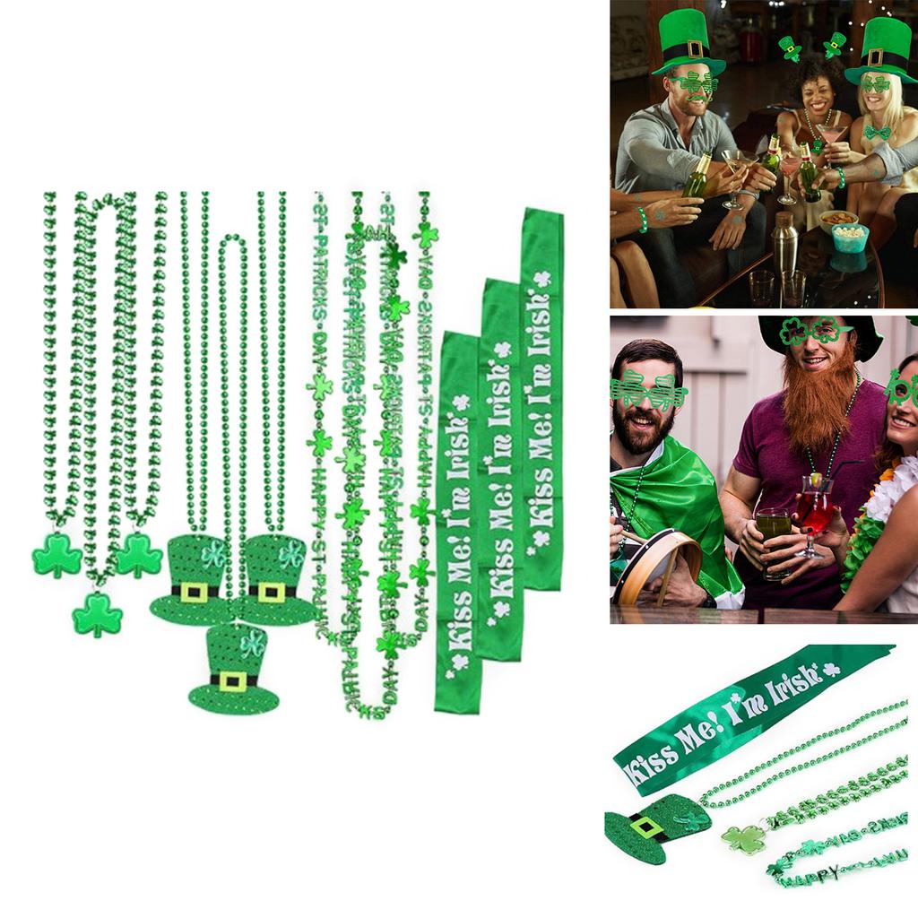 12x St. Patrick's Day Accessories Set Green Shamrock Beads Necklaces Irish Party Shoulder Straps for Costume Accessories