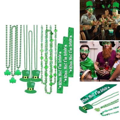 12x St. Patrick's Day Accessories Set Green Shamrock Beads Necklaces Irish Party Shoulder Straps for Costume Accessories