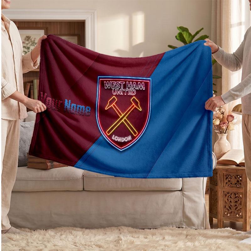 West Ham United football Personalized Fleece Blanket With Football Logo, Custom Name Text Soft Warm Home Throw Blanket