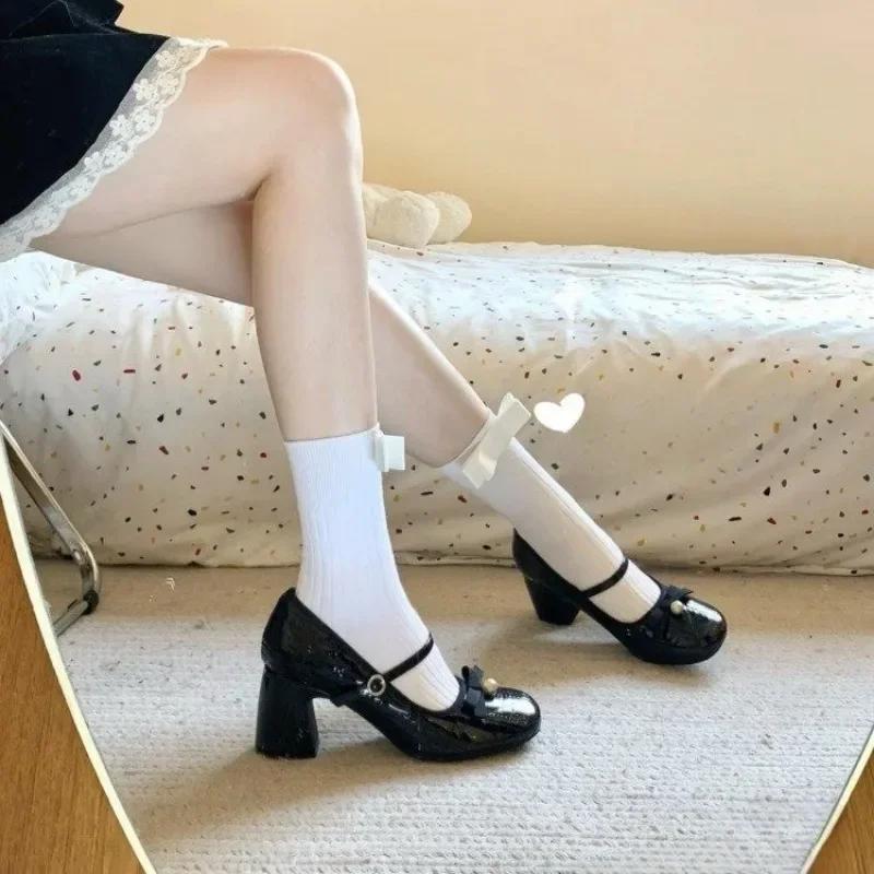 Fashion 2025Women's Bow Design Round Toe Low Heel Shoes Cute Girly Style Autum Pu Leather Mid-Heel Lolita Shoes