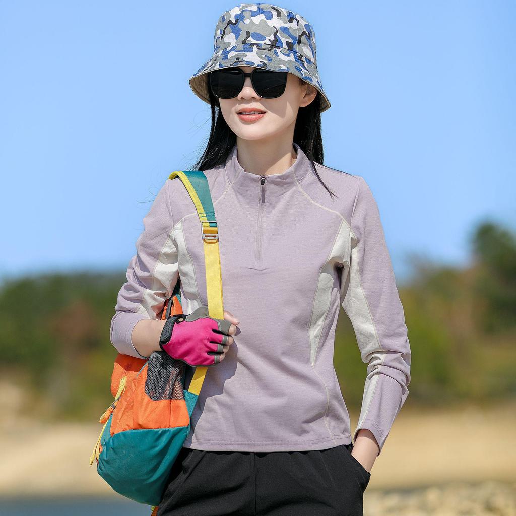 Women's Lightweight Quick-Dry Long Sleeve T-Shirt, Stand Collar, Breathable Patchwork for Hiking, Running, Outdoor Sports - Spring/Summer