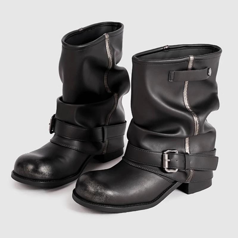 Women'S Boots Fashion Belt Buckle Design Chunky Root Platform Biker Boots Comfort Non-Slip Round Toe Mid Calf Boots
