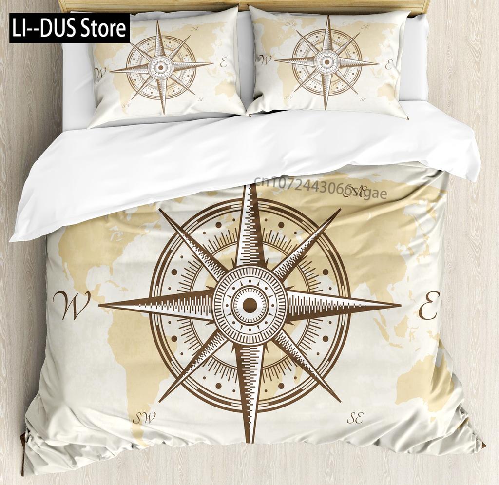 Compass Duvet Cover Set Marine Discovery Art Decorative 3 Pieces Bedding Set with 2 Pillow Shams Twin Full Queen King Size