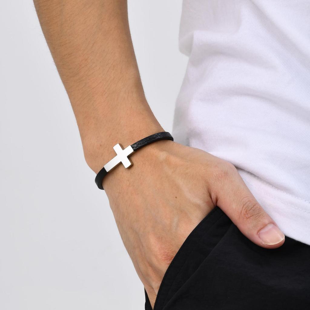 Cross Bracelet for Men Boys,Stainless Steel Cross Charm PU Leather Rope Bracelet,Casual Jewelry Gift