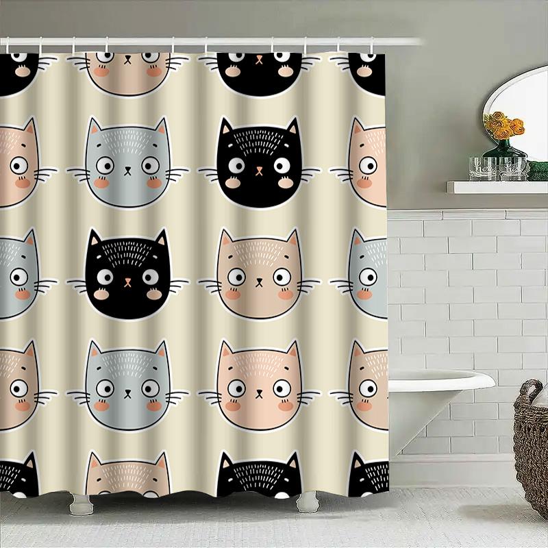 Cute Cat Shower Curtain Modern Bathroom Decor For Kids Room Black White Pink Blue Cartoon Pattern Print Waterproof Fabric With H